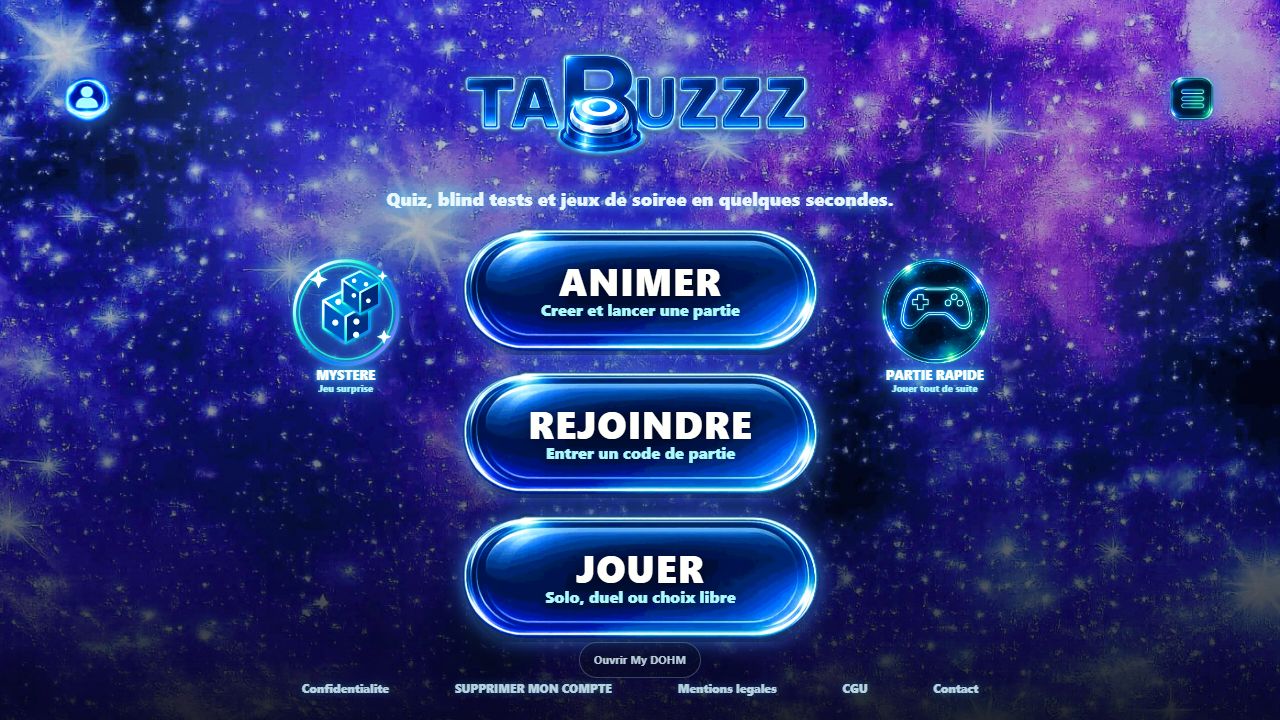Accueil TABUZZZ avec les choix Animer, Rejoindre et Jouer